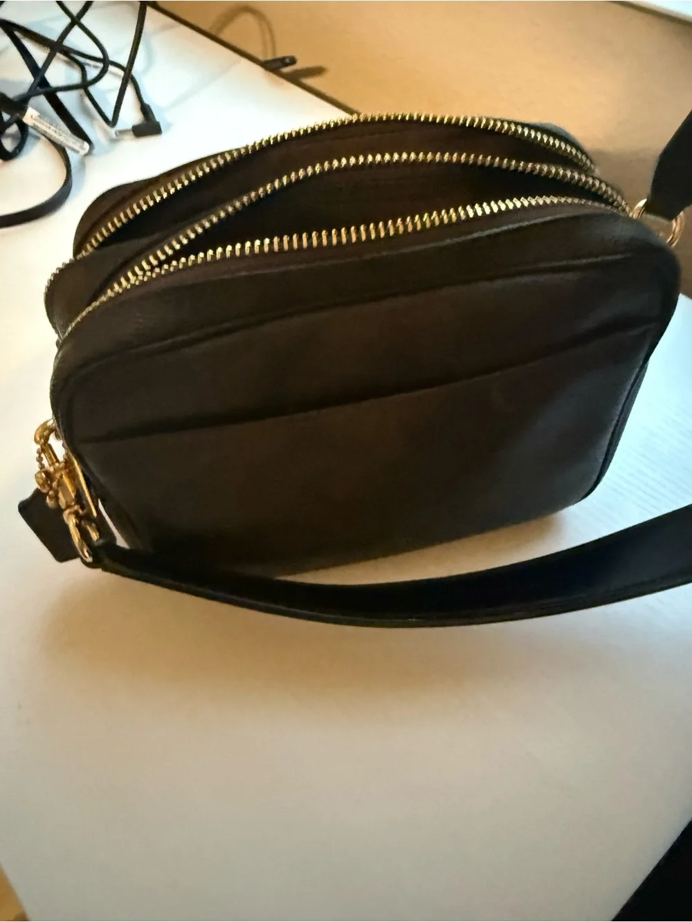 Coach brown with black Leather Crossbody Camera Bag with Gold Hardware